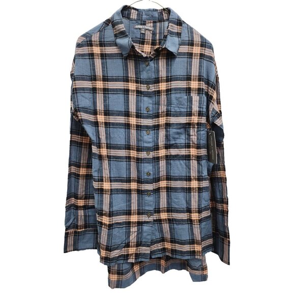 Threads 4 Thought Womens Shirt Medium Blue Plaid Organic Cotton Sustainable NWT - Picture 1 of 10